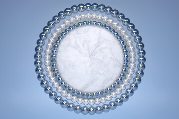 3D beautiful blue marble effect circle podium with white shining pearl decoration border and circle on blue pastel background. Minimal scene with geometrical. Scene to show cosmetic product. Top view