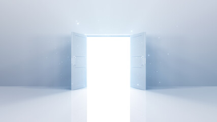 Door Opening to the brilliant Future, way to Heaven and Success. 3D illustration