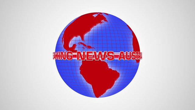 Breaking News Australia introduction for broadcast media with looping rotating globe isolated on vignetted white radial gradient background  