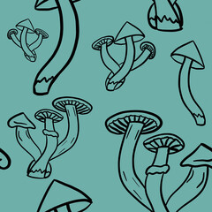 hand drawing doodle mushrooms on blue background. Seamless pattern. Kids, print, packaging, wallpaper, tablecloth, utensil design