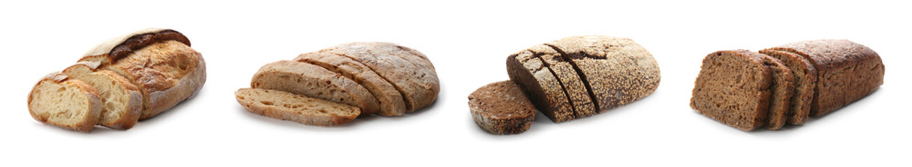 Set with different fresh tasty bread on white background, banner design