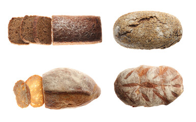 Set with different fresh tasty bread on white background, top view