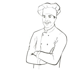 Chef in working uniform. smiling Baker in a chef cap in the restaurant kitchen, standing with crossed arms. Vector line sketch realistic vintage hand-drawn illustration