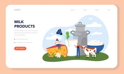 Farm milk product web banner or landing page. Farming food production.