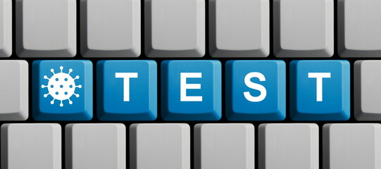 Blaue Computer Tastatur zeigt Coronatest