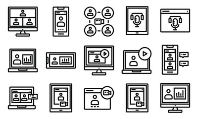 Online meeting icons set. Contains such Icons as webinar, presentation, podcast, conference for web design. editable stroke