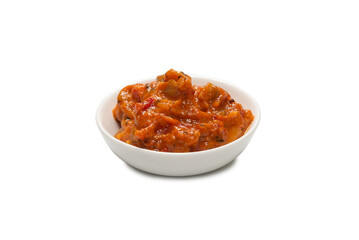 Vegetable stew in a bowl isolated on white background.