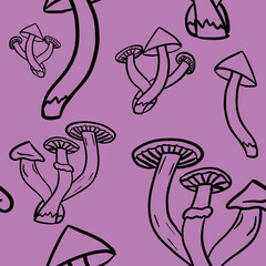 hand drawing doodle mushrooms on pink background. Seamless pattern. Kids, print, packaging, wallpaper, tablecloth, utensil design