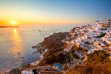Sunset view of traditional Greek village Oia on Santorini island in Greece