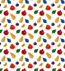 Pattern with pear, pomegranate, persimmon, plum and lemon slice

