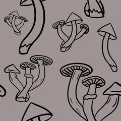 hand drawing doodle mushrooms on gray background. Seamless pattern. Kids, print, packaging, wallpaper, tablecloth, utensil design