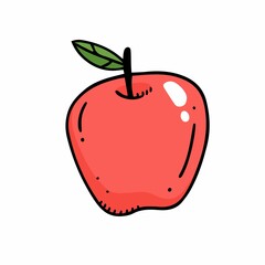 Cute red apple in doodle style with outline. Doodle vector illustration. Apple isolated on white background.