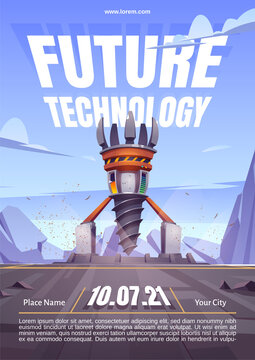 Future Technology Poster With Drilling Rig, Drill Ship For Exploration And Mining. Vector Cartoon Landscape With Platform And Derrick With Auger For Bore And Mining Ground