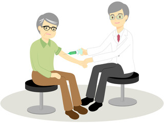 Obraz premium 予防接種を受ける高齢男性と医師／Illustration of a man and a doctor being vaccinated