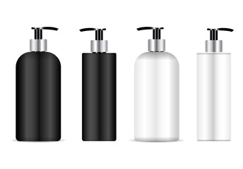 Pump bottle mockup. Cosmetic dispenser bottle pack for shampoo, lotion plastic container. antibacterial liquid template blank. Moisturizer can template. Plastic packaging for cleanser