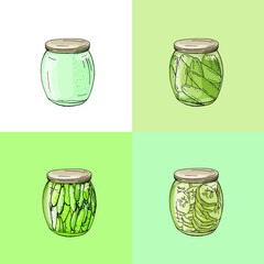 Collection with different glass jars with home made vegetables. Hand drawn objects