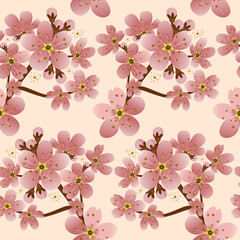 Seamless background with blooming cherry. Sakura flowers on a light isolated background. Branch with pink flowers with a gradient fill. 