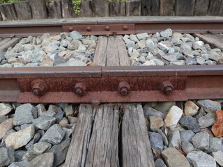 the detail of railway track with stones design for crossing and industry concept