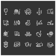 Craft hobby set chalk icons. Handmade and homemade concept. Consist of sewing, etching, bottle painting, origami, papier-mache etc. Isolated vector illustrations on chalkboard