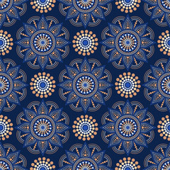 Vector seamless pattern with dot mandalas. Aboriginal style of dot painting