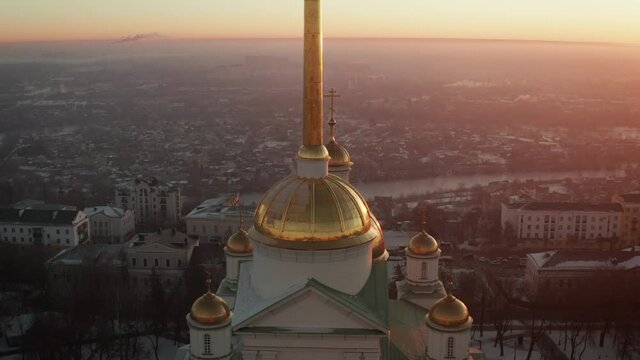Winter landscape, Penza city. Church in Russia. Penza city in Russia, winter landscape from a height. Dawn in Penza.