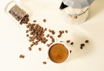 expresso and coffee beans from above