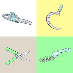 Colour set with different gardening tools. Object for growing plants at home and outdoors