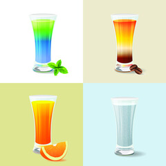 Different cocktails and juices in glass