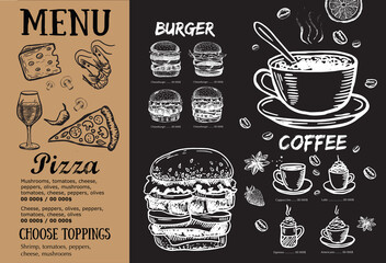 Мenu, Brochure Restaurant, template design. Food flyer. Hand-drawn style.