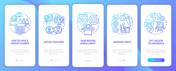 Digital language courses benefits onboarding mobile app page screen with concepts. Enrollment, materials walkthrough 5 steps graphic instructions. UI vector template with RGB color illustrations