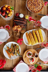 Dinner table, top view, family dinner or lunch, eating concept