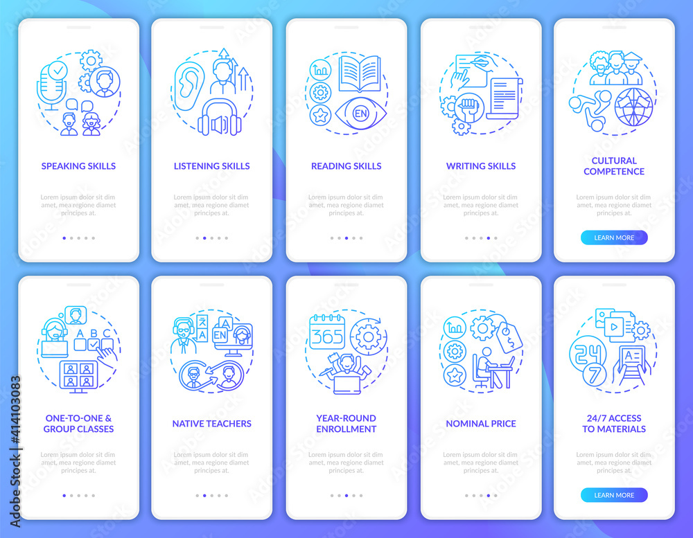 Poster language study courses onboarding mobile app page screen with concepts set. competences, online clas