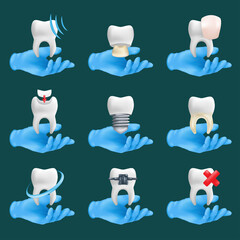 Dental icons vector set with different elements for various website services. 3d realistic illustration of a dentist's hands wearing blue protective surgical gloves holding a teeth ceramic models
