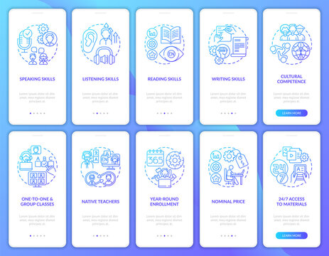 Language study courses onboarding mobile app page screen with concepts set. Competences, online class benefits walkthrough 5 steps graphic instructions. UI vector template with RGB color illustrations