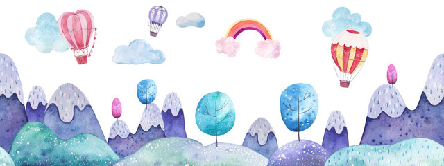 border seamless pattern childrens illustration with balloons, mountain landscape, trees, forest, houses in the mountains, clouds, watercolor illustration pastel gentle colors © Ilona