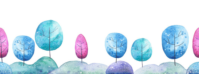 seamless pattern winter landscape, trees, childrens watercolor illustration on white background, nursery room decor, print © Ilona
