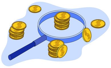 Search for financial investments.The concept of business analysis, search for financial success.The magnifying glass and money is a metaphor for studying profitability.3D image.Isometric vector illust