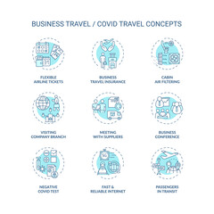 Business travel during coronavirus pandemic concept icons set. Quarantine measures idea thin line RGB color illustrations. Additional safety measures. Vector isolated outline drawings. Editable stroke