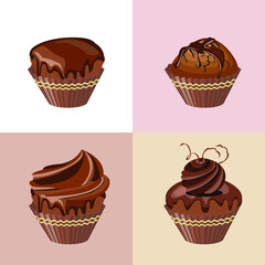 Detailed set with different muffins and birthday cakes
