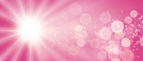 Web banner sfondo rosa pastello con sole raggiante, stelle luminose e bokeh colorate - obrazy, fototapety, plakaty