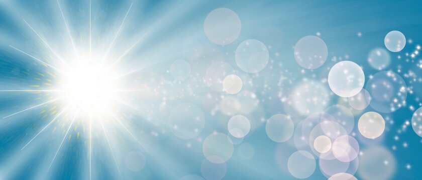 Sfondo azzurro con luce magica del sole e bokeh e stelle bianche