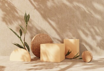 Podium, stand on pastel light stucco background. Unobtrusive background with plant and shadow on the wall -3D render.Mock up for exhibitions, presentation of products, therapy, relaxation and health.
