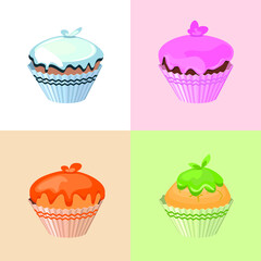 Detailed set with different muffins and birthday cakes