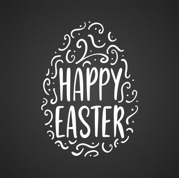 Vector Greeting lettering of Happy Easter with decorative egg on chalkboard background.