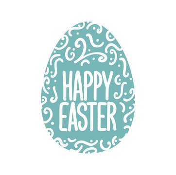 Vector Greeting lettering of Happy Easter with blue decorative egg.