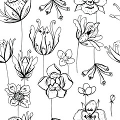Seamless pattern with black hand drawn tulips. Endless floral texture