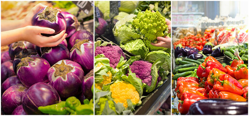 Collage with female hand who chooses vegetables. Concept of healthy food, bio, vegetarian, organic