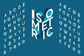 Isometric alphabet. 3d bold uppercase latin letters and numbers, geometric futuristic typography, cubic straight block english font different angles, simple abc isometry vector isolated set