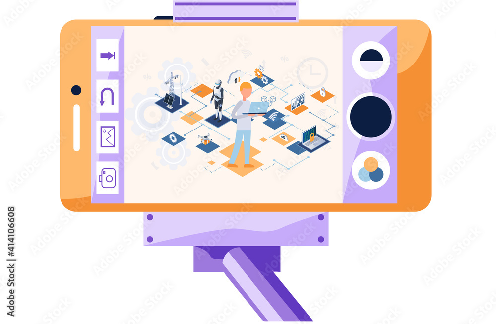 Poster tripod with smartphone and digital circuit data line technical information chain, internet of things