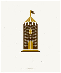 Medieval tower decorative isolated vector illustration. Retro style label, heraldry illustration. Ornate Citadel logotype on isolated white background.